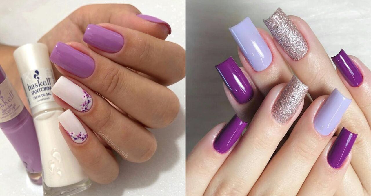 Montagem com fotos de unhas esmaltadas em lilás e roxo