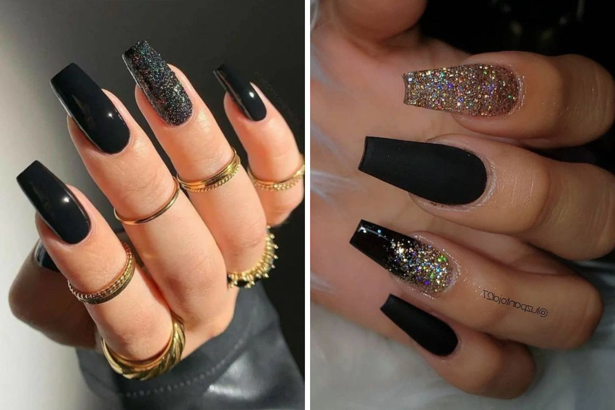 duas fotos de unhas com esmaltação preta e decorações