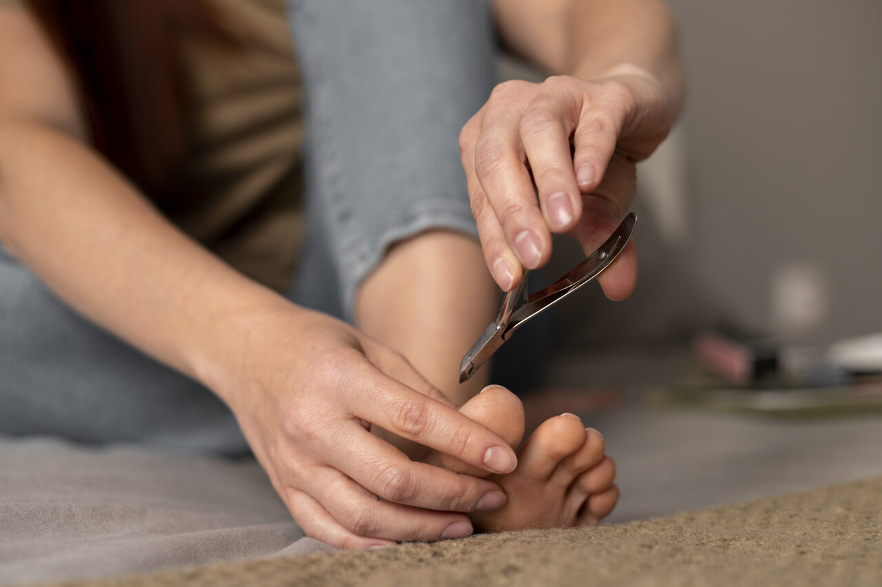 Pessoa corta as unhas dos pés com um alicate de unhas 